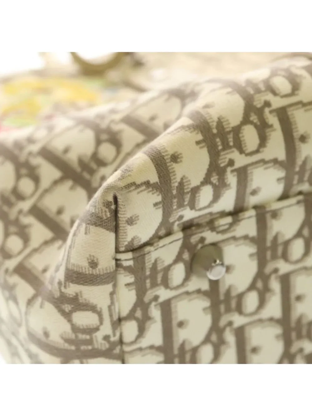 Dior Trotter Flower Embroidery Tote Ivory Leather Silver